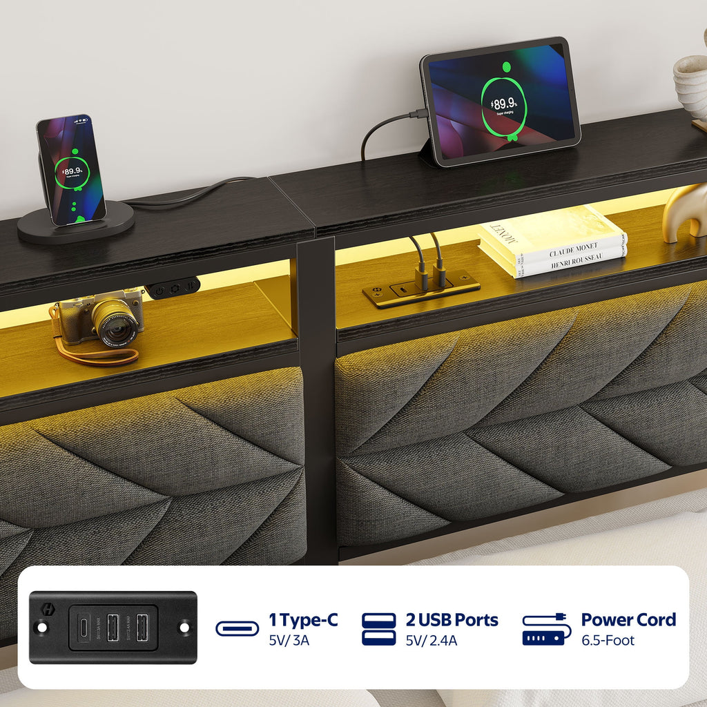Full LED Bed Frame with Headboard Storage - Charging Station, Dark Gray