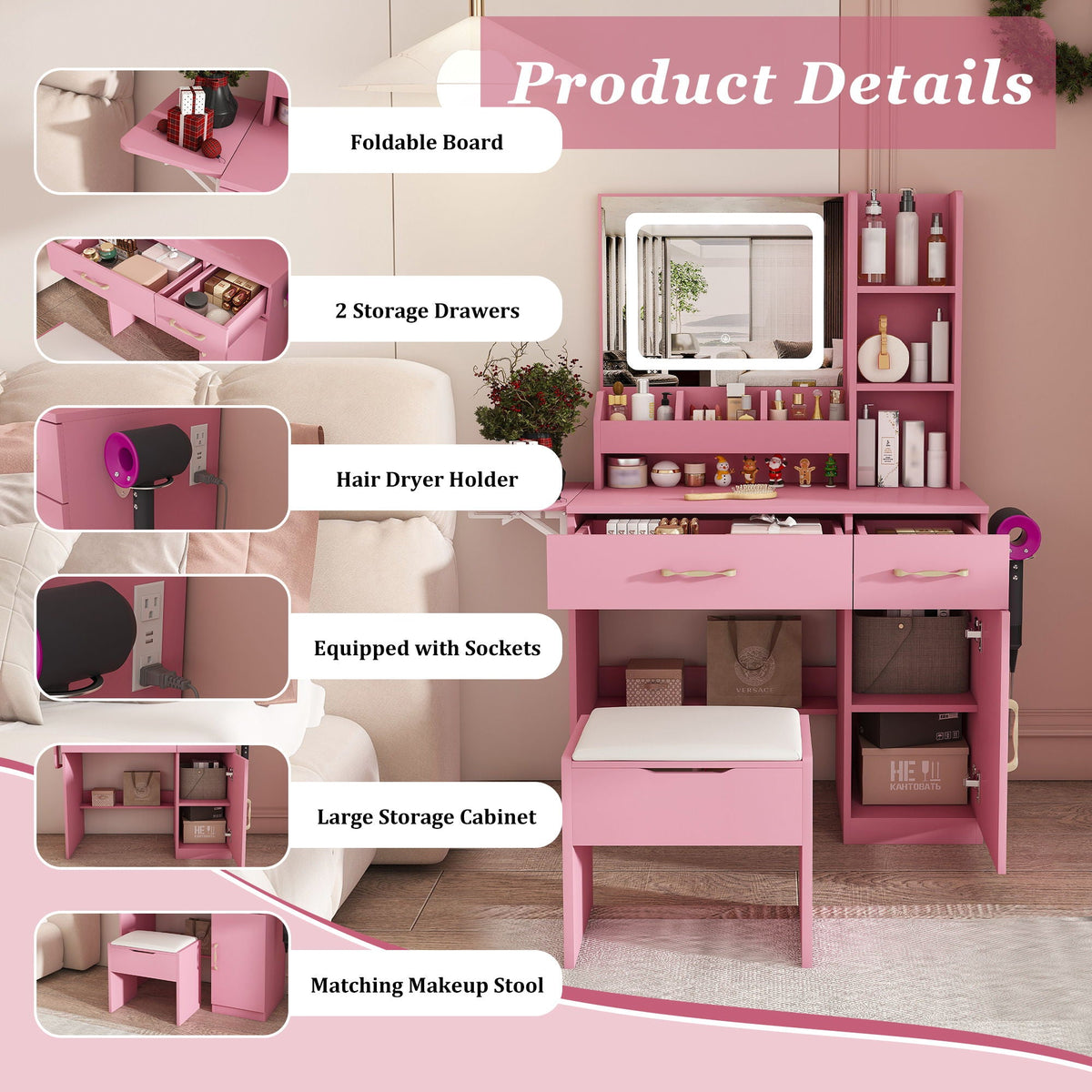 Vanity Desk With LED Mirror Lights And Power Outlet Charging Station, 3 Drawers, 7 Shelves, Storage Stool - Pink