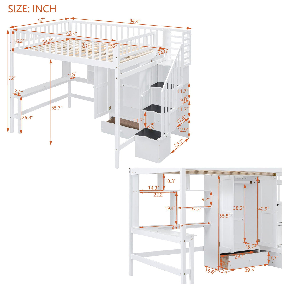 Loft Bed With Bookshelf, Drawers, Desk, And Wardrobe