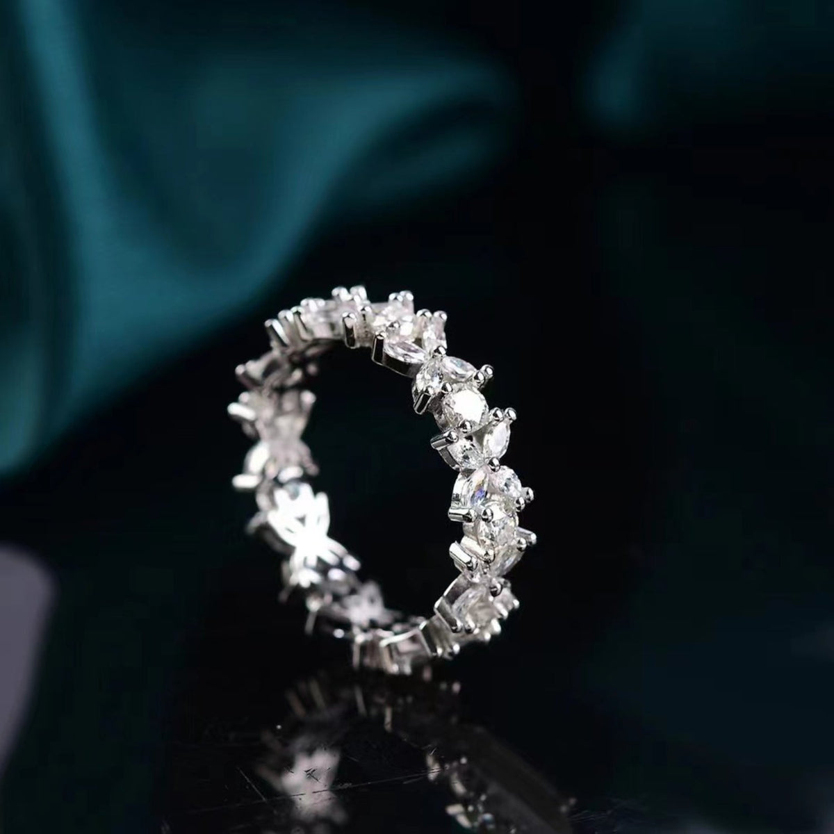 Sparkala™ Floral and Round Eternity Platinum Over Pure Sterling Silver Ring