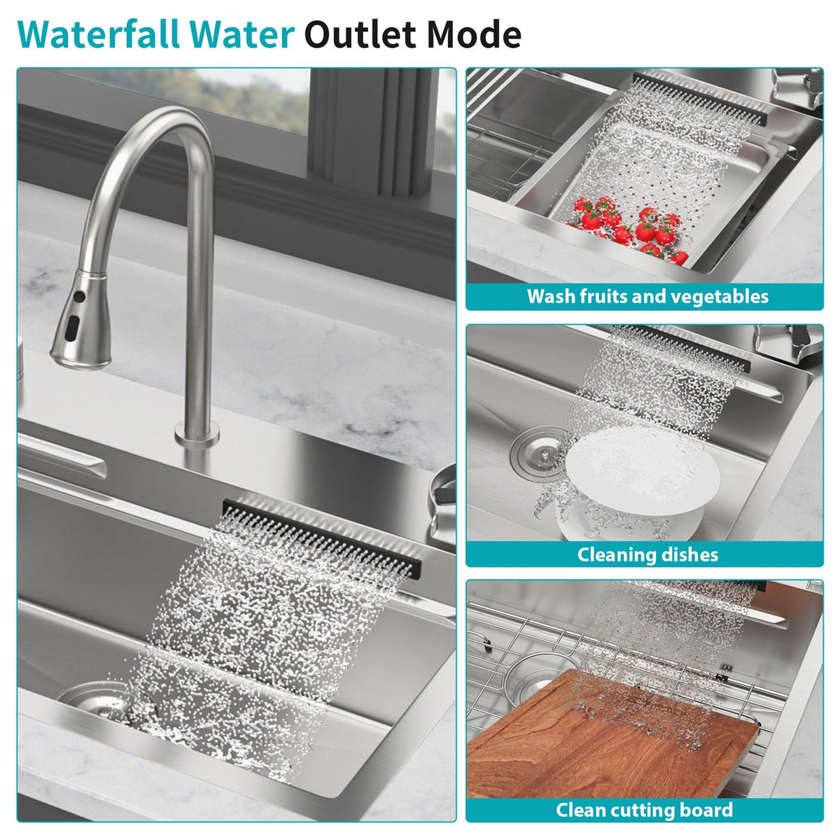 Drop In Waterfall Kitchen Sink With Pull-Out Faucet & Cup Washer
