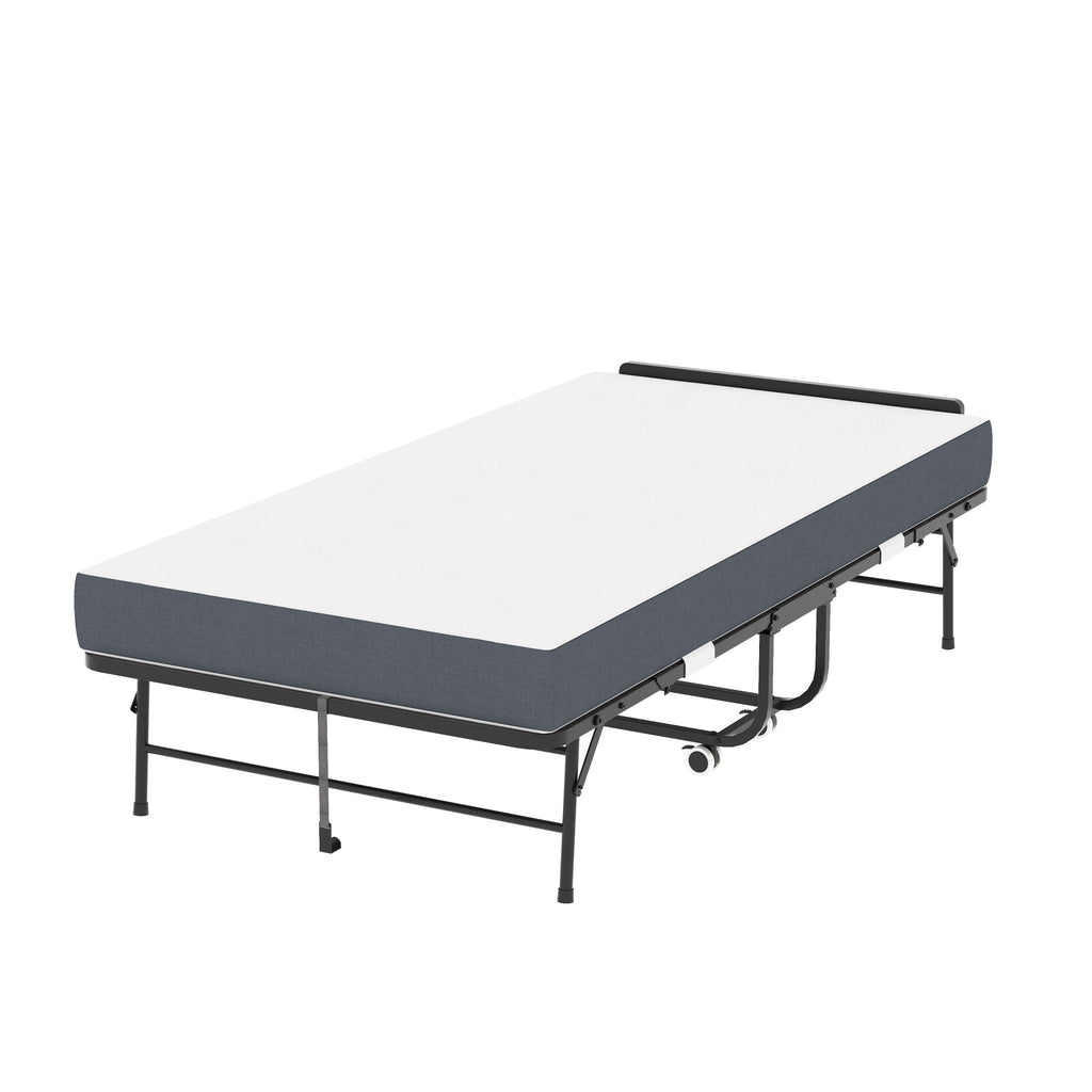 Twin Folding Bed With Adjustable Headboard, Memory Foam For Tall People, Heavy-Duty Portable On Wheels, Easy Assembly - Black