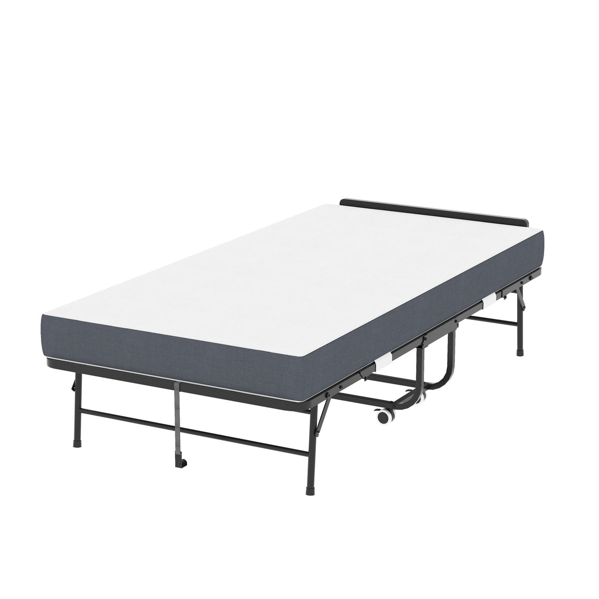 Twin Folding Bed With Adjustable Headboard, Memory Foam For Tall People, Heavy-Duty Portable On Wheels, Easy Assembly - Black