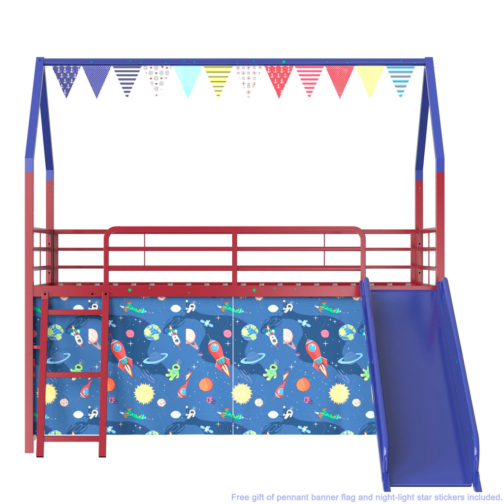 Jack - House Loft Bed With Slide And Curtain Set
