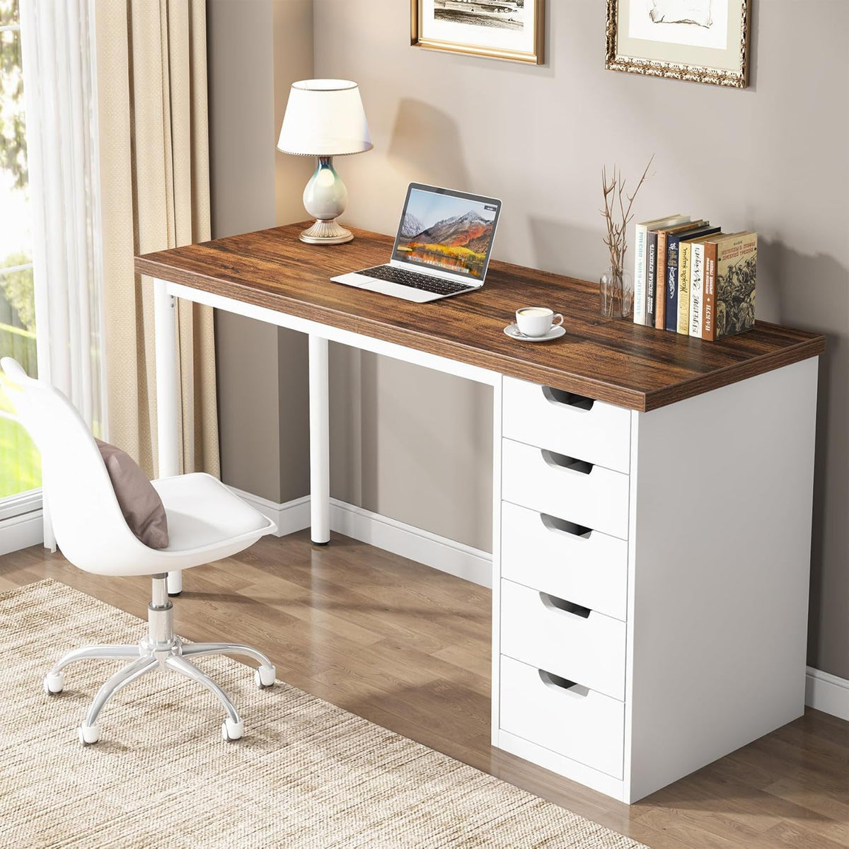 Computer Desk With 5 Drawers, Reversible Cabinet Design