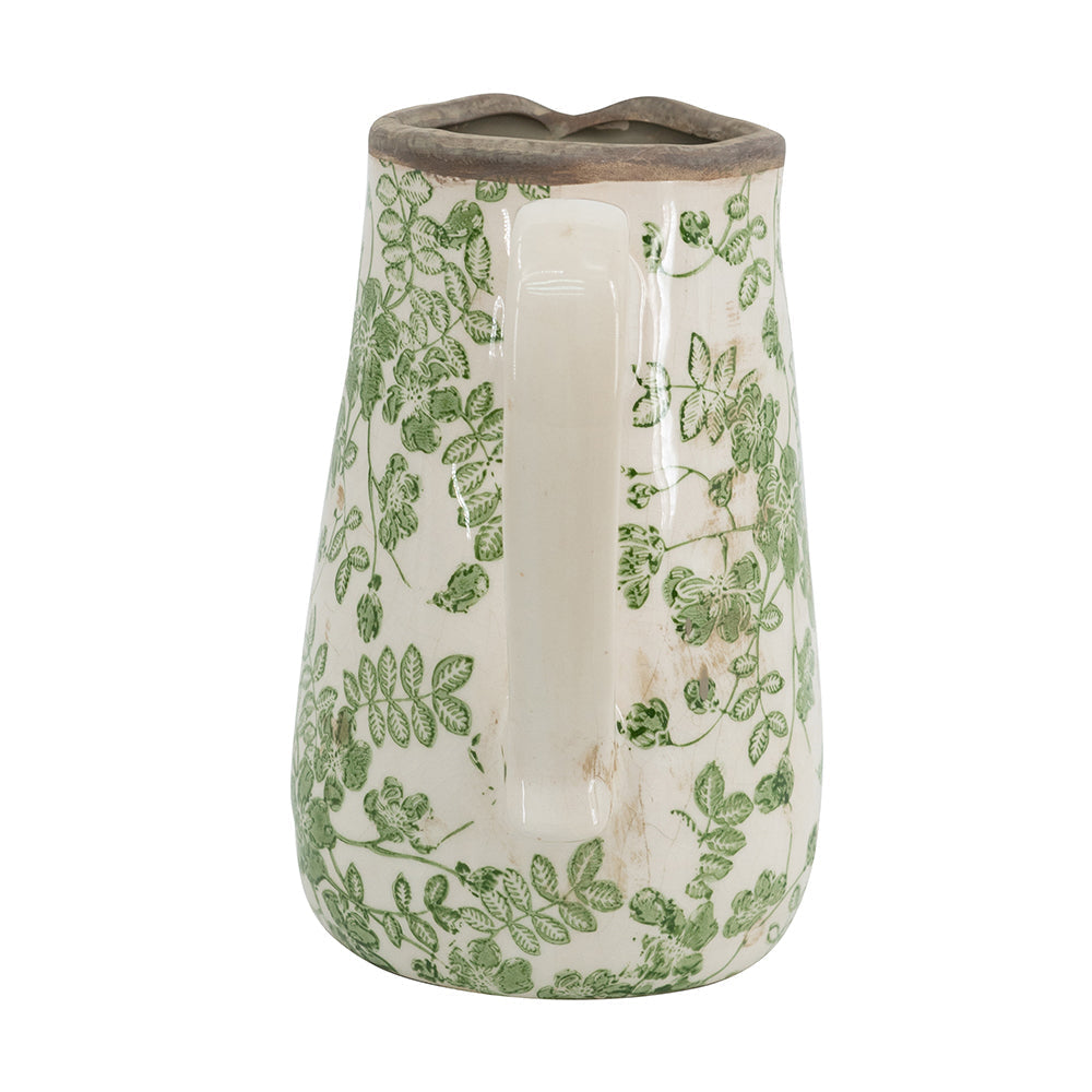 6.3x4.5x7.1' White Ceramic Pitcher Vase with Green Floral Pattern