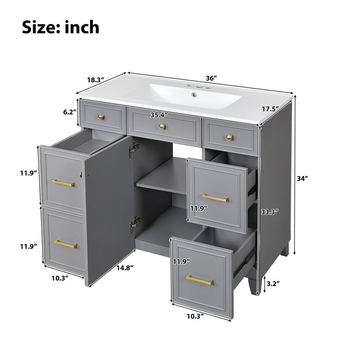 Bathroom Vanity With Ceramic Sink, Soft Close Doors, Adjustable Shelves