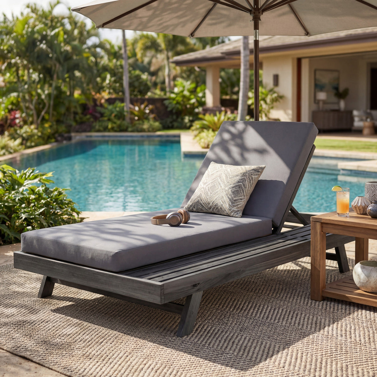 Lounge Chaise Set in Black Acacia Wood with Water-Resistant Cushions