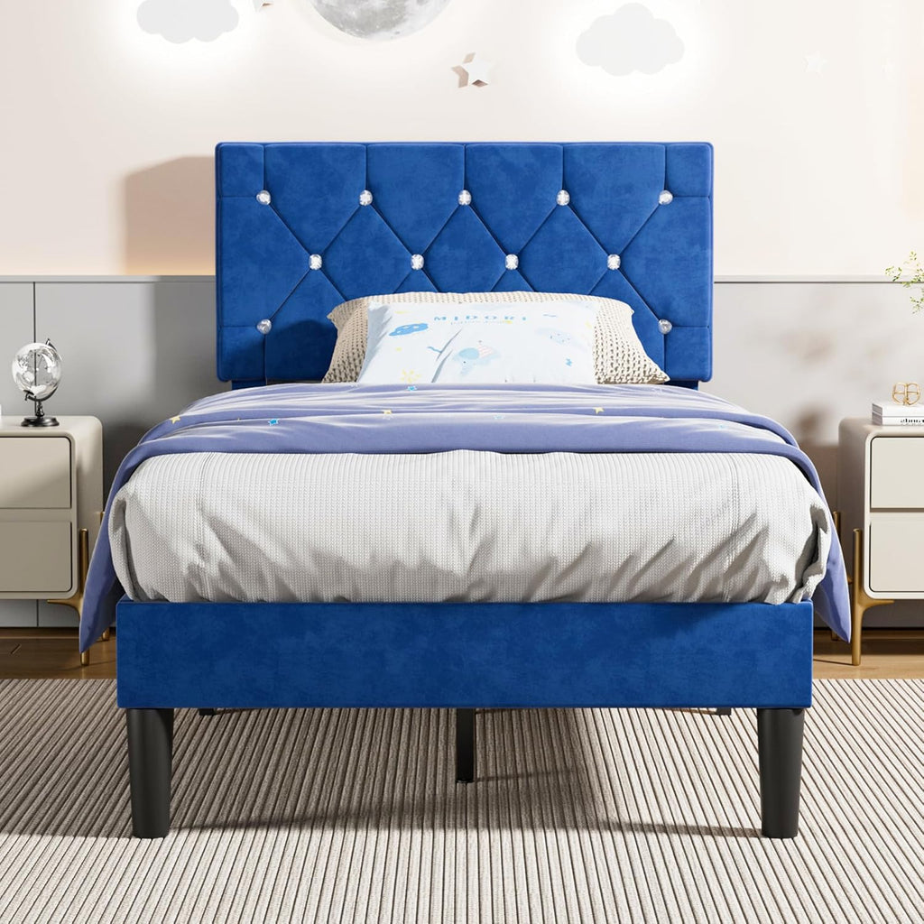 Twin Size Bed Frame, Upholstered Platform with Adjustable Diamond Tufted Headboard, Wood Slat Support, No Box Spring Needed, Navy Blue