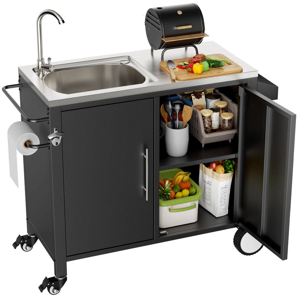 Outdoor Grill Cart With 304 Stainless Steel Sink And Cabinet - Black / Silver