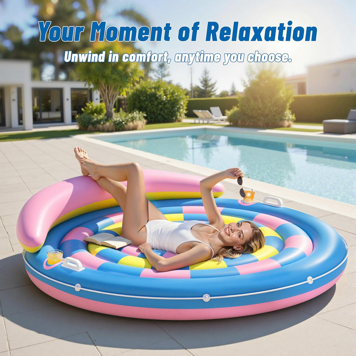 Pool Floats Adult, Inflatable Tanning Pool - Extra Large Pool Floats for Adults Heavy Duty, round Pool Rafts, River Lake Floaties Water Floats with Cup Holders