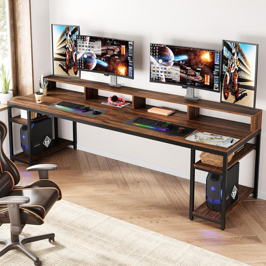 2 Person Desk With Monitor Stand, Long Office Workstation With Dual Storage Shelves And Frame - Brown / Black