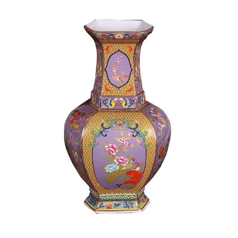 Hexagonal Enamel Porcelain Vase With Design Of Flowers And Birds