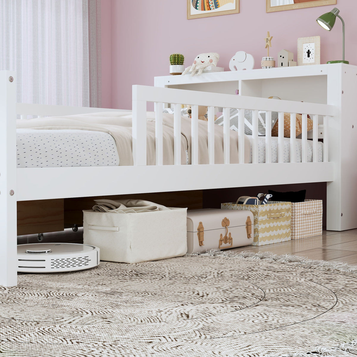 Bed With Headboard Storage Rack, 2 Under Bed Drawers, 3 Side Guardrails For Safety