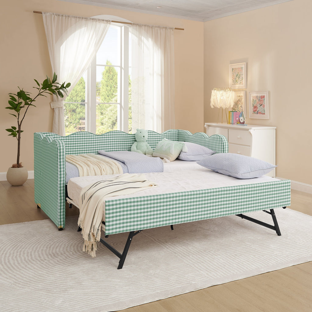 Cozy Gingham Daybed with Trundle Twin Size Sofa Bed No Box Spring Needed