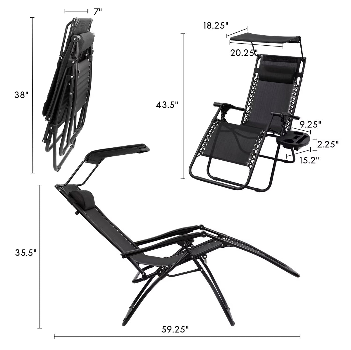 Zero Gravity Chair Outdoor Folding Recliner Lounge Chair with Attachable Sunshade Canopy and Holder,Black