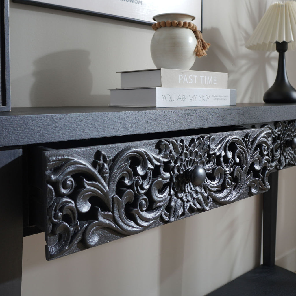 Carved Console Table With Storage Shelf For Living Room - Black