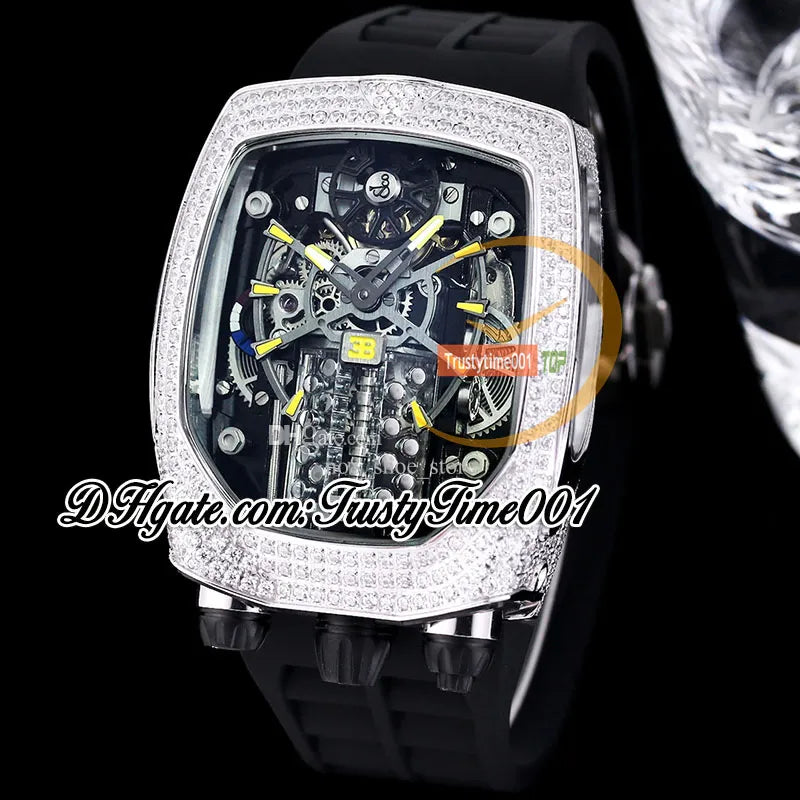 Bugatti Chiron Tourbillon Autoamtic Mens Watch 16 Cylinder Engine Skeleton Dial Iced Out Diamonds Inlay Case Blue Rubber Strap Trustytime001Watches BU200.30