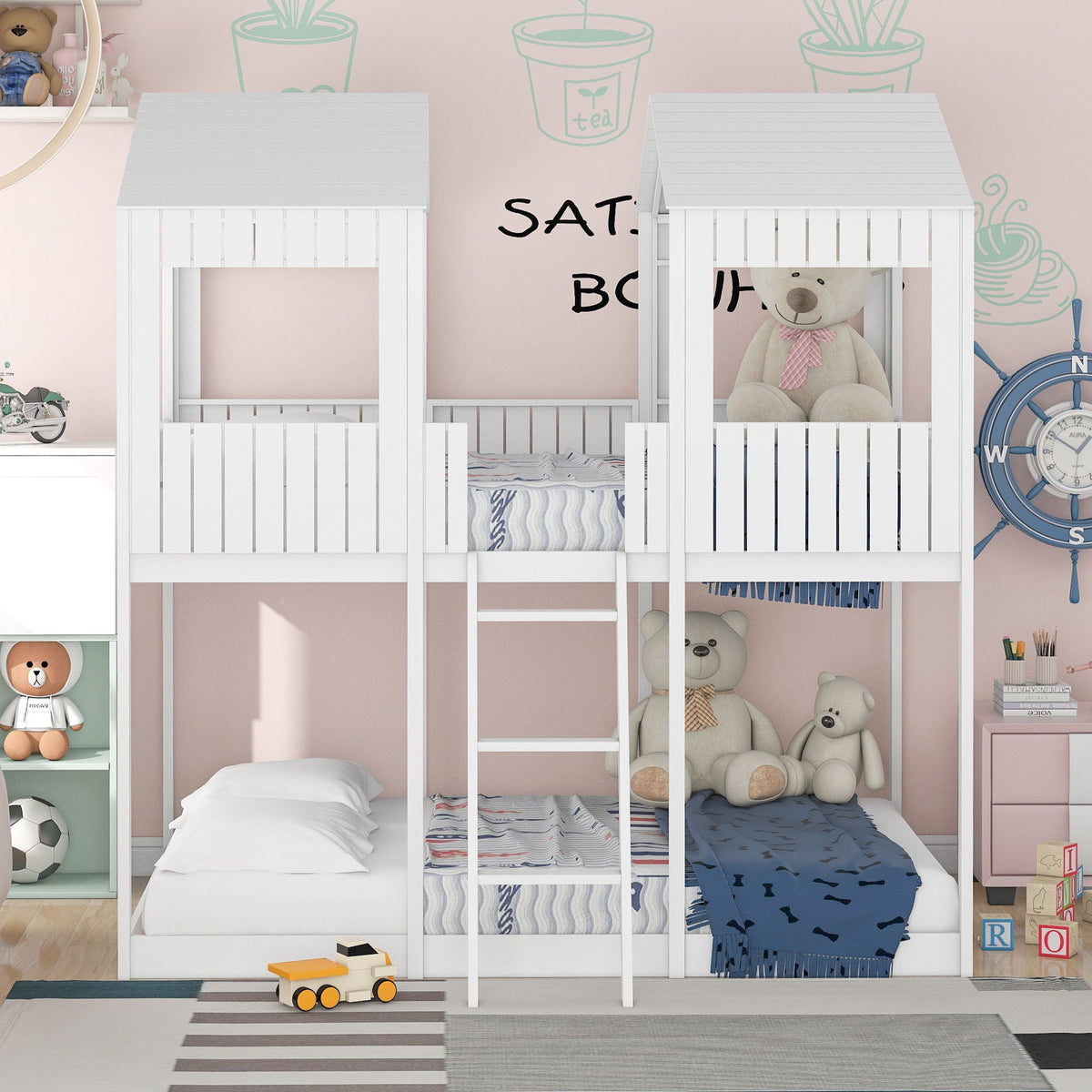 Bunk Bed With Roof, Window, Guardrail, Ladder