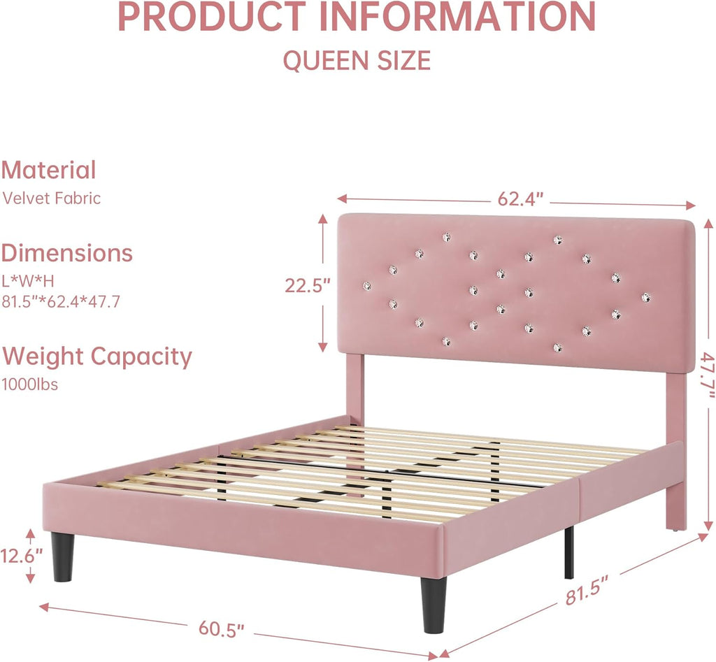 Queen Size Bed Frame with Headboard, Upholstered Platform Bed Frames Queen Size with Crystal Diamond Tufted for Girls/Kids Easy Assembly, Wooden Slats Support, No Box Spring Needed, Pink