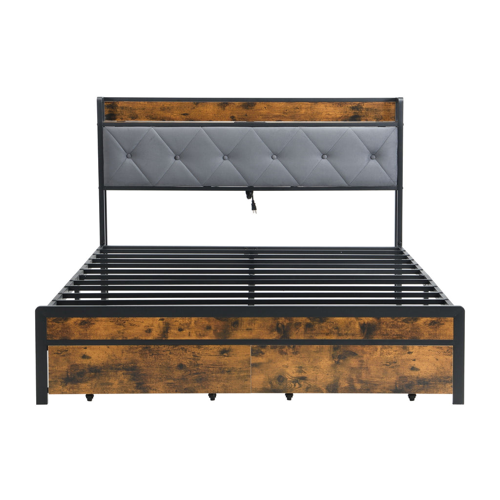 Modern Bed Frame With LED Lights, Upholstered Headboard, USB Charging
