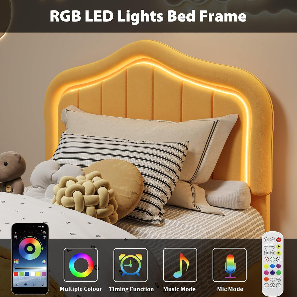 Twin Upholstered Bed Frame with Storage Drawer and Smart Led Headboard, Twin Size Platform Bed Frames for Kids, Wooden Slats Support, No Box Spring Needed, Easy Assembly, Yellow