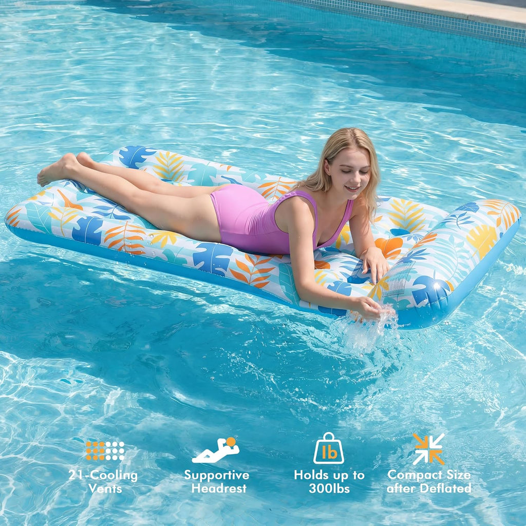 2 Pack Inflatable Pool Float Mat, Giant Pool Floats Adult Size with Headrest, Lake Float Raft Water Lounger, Multi-Purpose Swimming Pool Floats for Pool Party, Summertime Beach, Outdoor