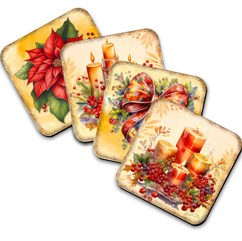 Merry Christmas Wooden Cork Coasters Gift Set of 4 by G. Debrekht - Santa Christmas Decor  - 8199449C-S4