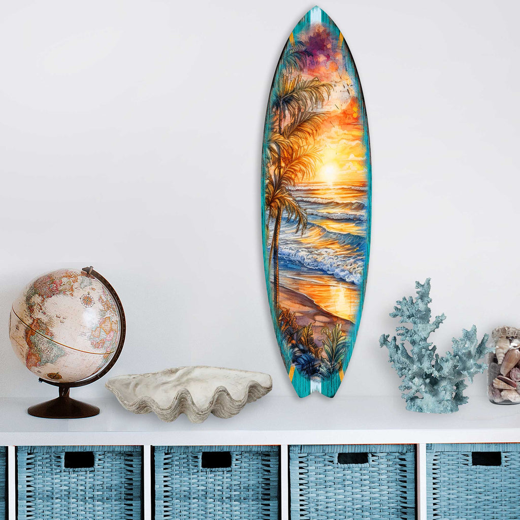 Surfboard Coastal Wall Art - Golden Waves Ocean Sunset Wall Art by G. DeBrekht - Coastal Holiday Decor - 8490136HS