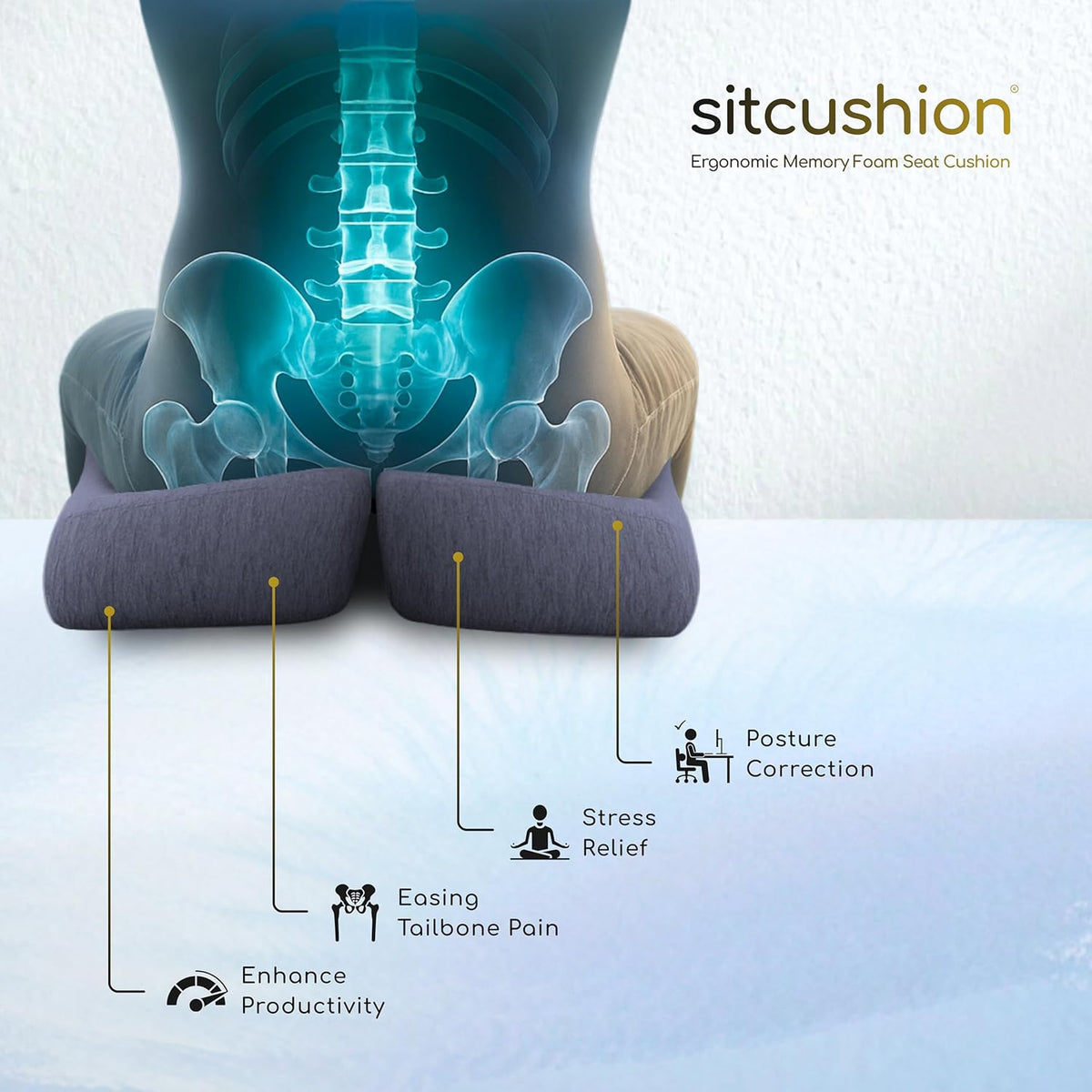 X Large Office Chair Cushion for Sciatica Pain Relief, Memory Foam Seat Cushion for Car Seat Pad, Orthopedic Pillow. Computer Chair Cushion for Tailbone Pain Relief All Day Comfort (Gray)