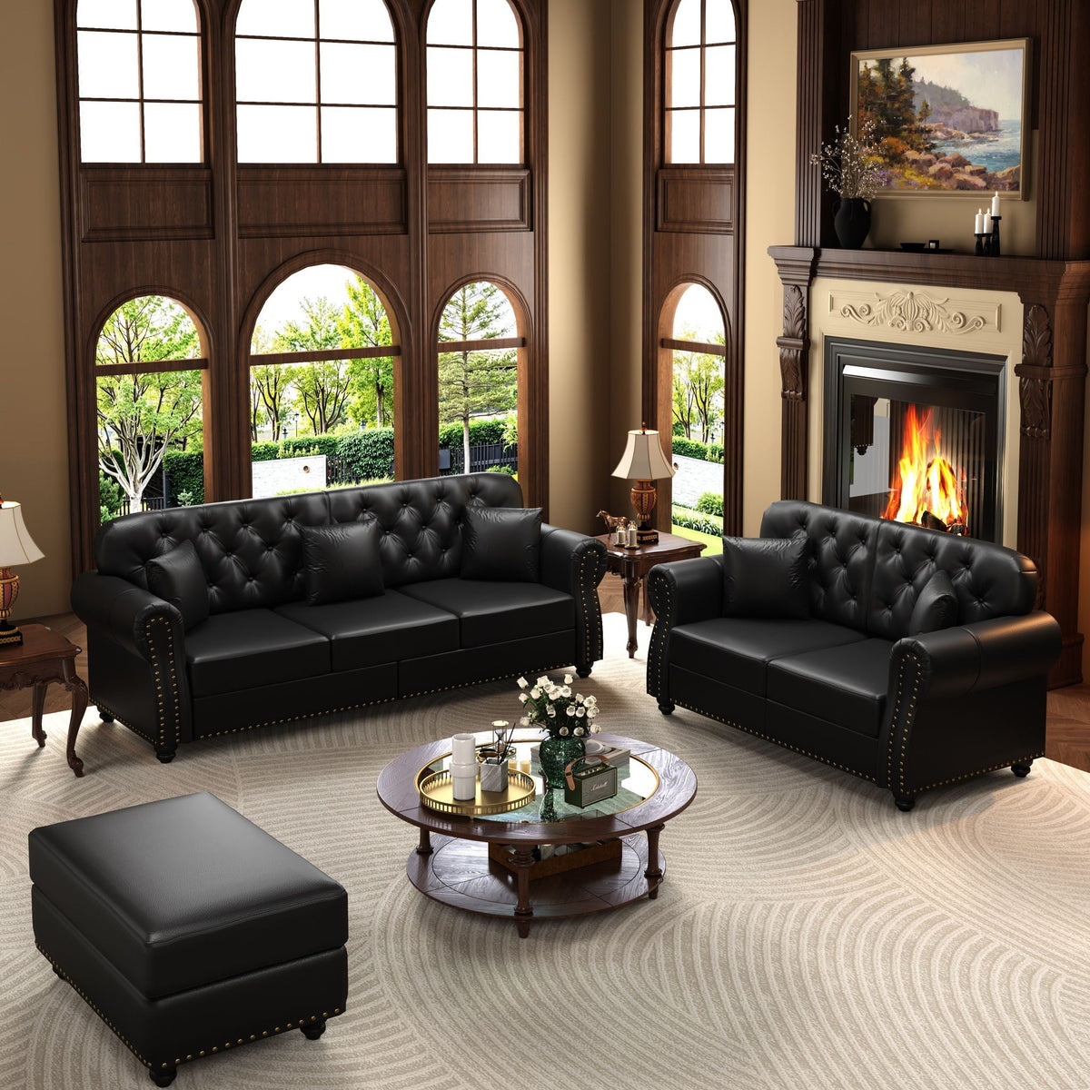 Upholstered Sofa With Nailhead Trim, Rolled Armrests With Ottoman