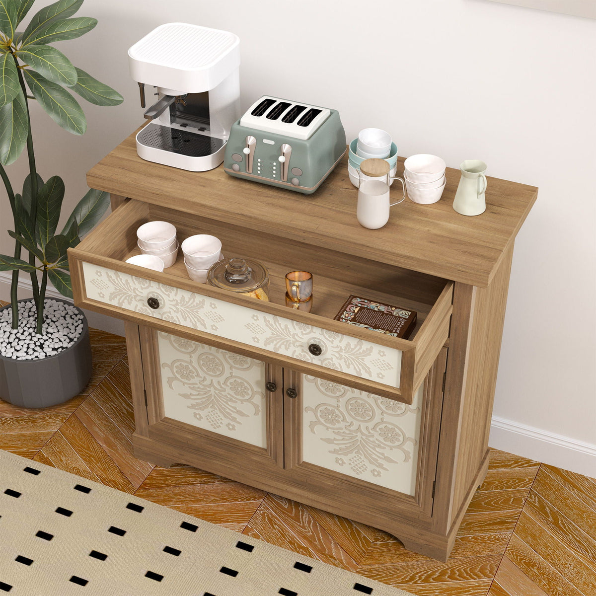Accent Cabinet With Carved Floral Panels, Sideboard With Drawer And Double Doors - Antique Brown / White
