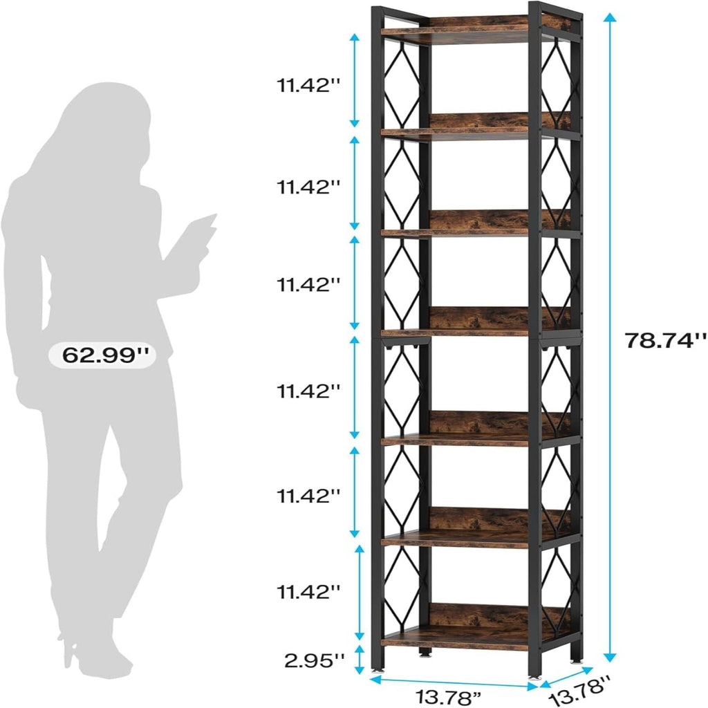 Extra Tall 7 Tier Narrow Corner Bookshelf Storage Display Rack For Living Room - Rustic Brown