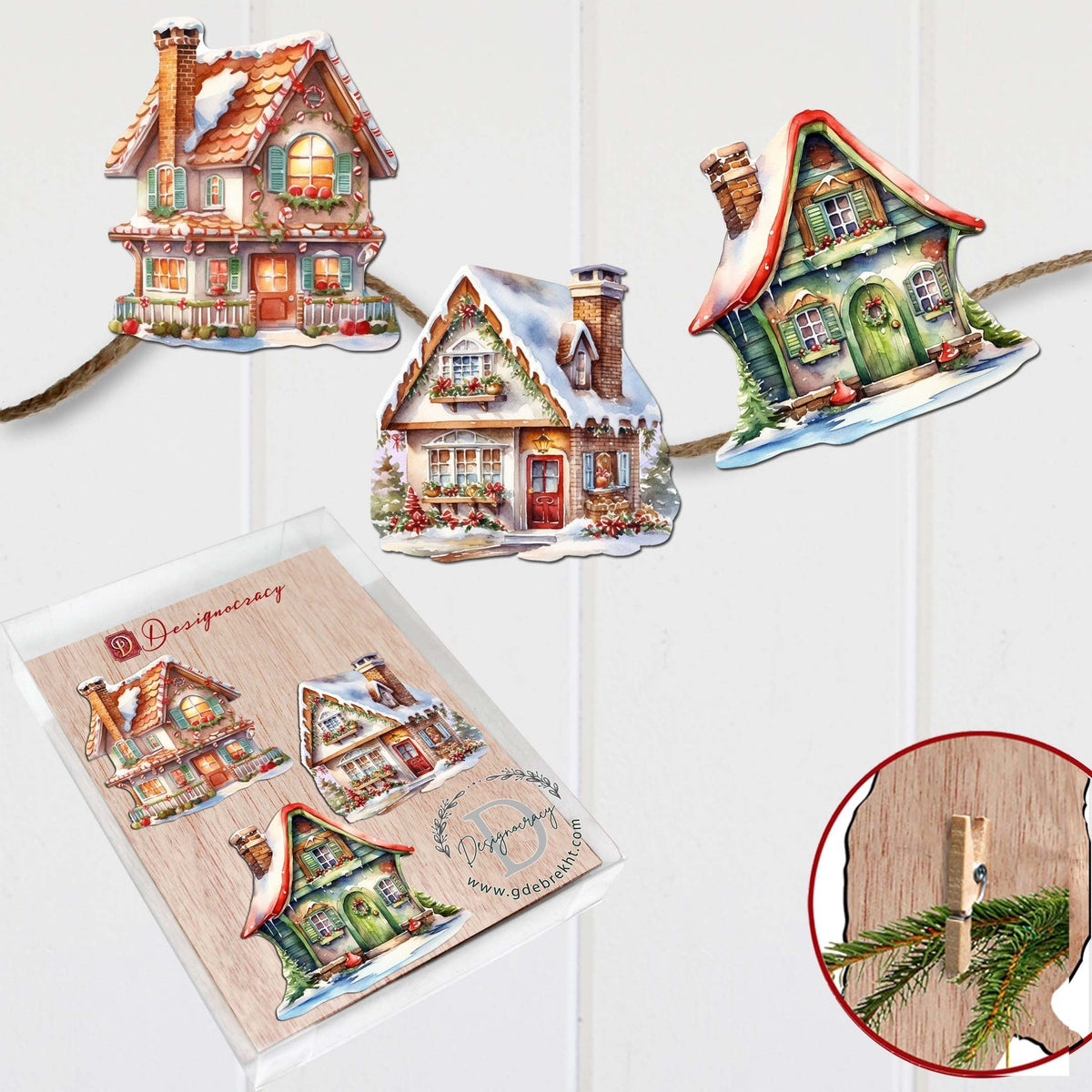 Dream Houses Clip-On Eco Wood Decorative Ornaments Set of 3 by G. Debrekht - Christmas Decor - 8091029C-S3