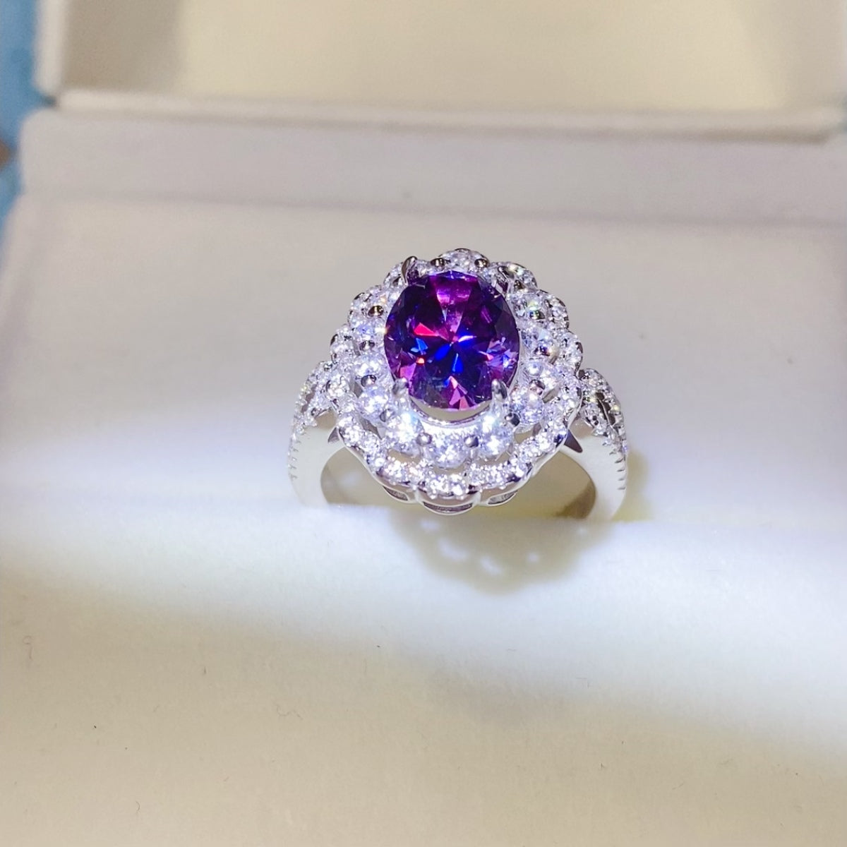 2 Carat Purple Oval-Cut Purple Oval-Cut Sparkala™ Pure Sterling Silver Halo Ring