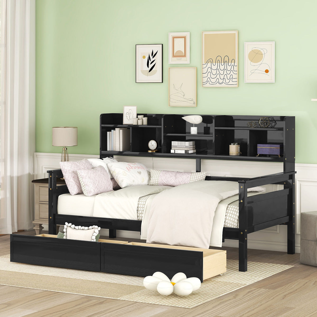 Daybed, Slat Support, With Bedside Shelves And 2 Drawers