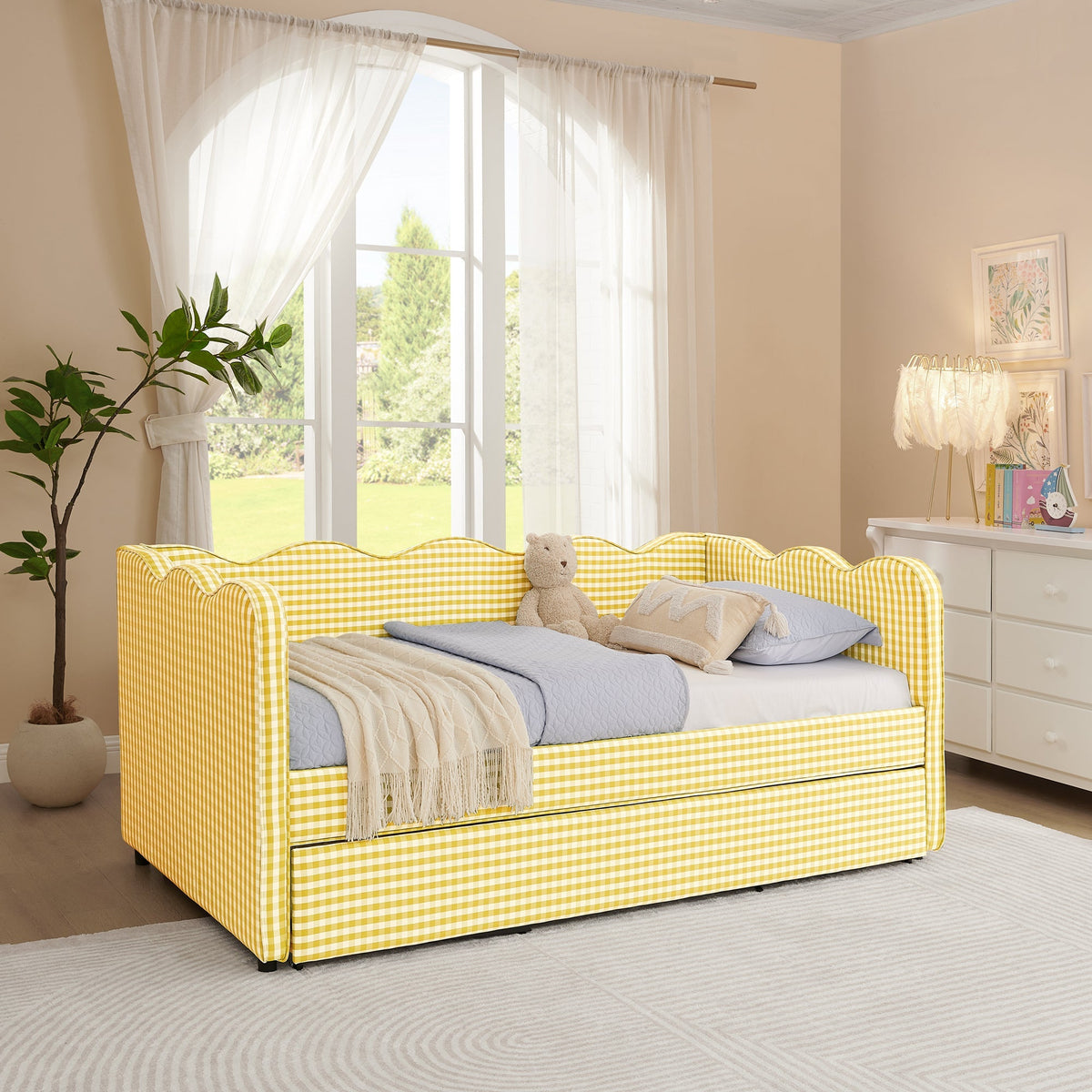 Cozy Gingham Daybed with Trundle Twin Size Sofa Bed