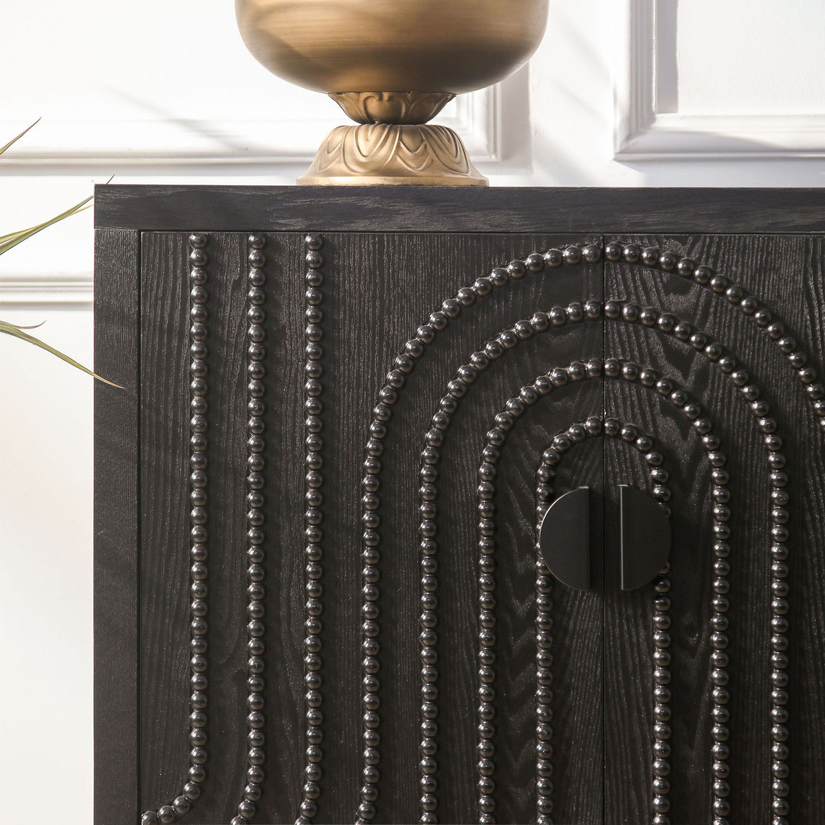 Modern Sideboard Cabinet With Decorative Nailhead Accents, Stylish Storage Solution For Dining, Living Rooms - Black