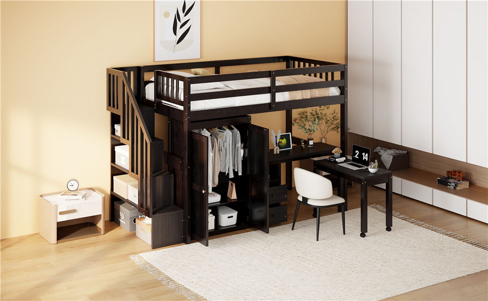 Loft Bed With Stairs, Bookshelf, Drawers, Desk & Wardrobe, Space Saving Multifunctional Furniture