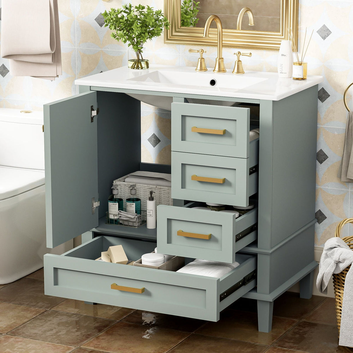 Bathroom Vanity, Modern Bathroom Cabinet With Sink Combo Set, Bathroom Storage Cabinet With A Soft Closing Door And 3 Drawers, Solid Wood Frame