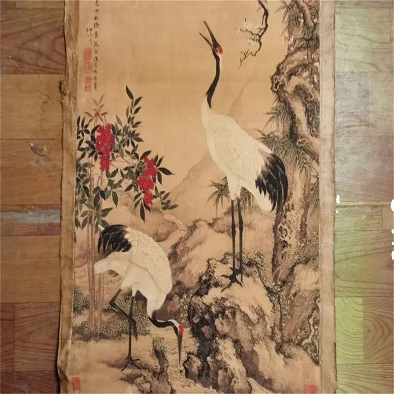 Chinese Rice Paper Scroll Wall Art, Double Crane