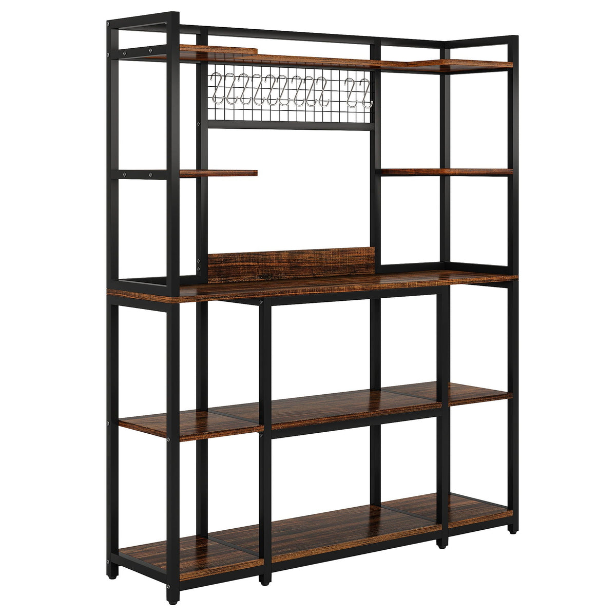 Baker's Rack With Hutch, 5 Tier Kitchen Storage Shelf, Freestanding Utility Pantry Organizer With Hooks And Microwave Stand - Black
