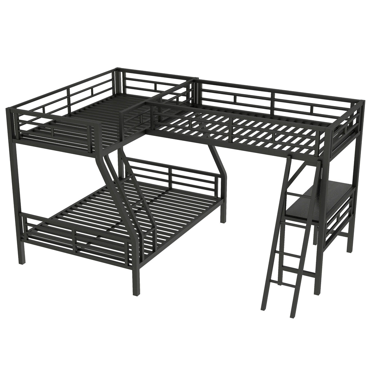 Twin Over Full Bunk Bed With Loft And Desk, L-Shaped Design For 3 Sleepers - Black
