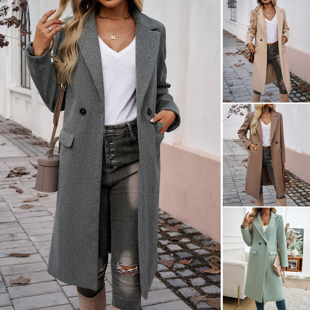Women's Long Turn-Down Collar Coat – Elegant Commuter Jacket with Pockets