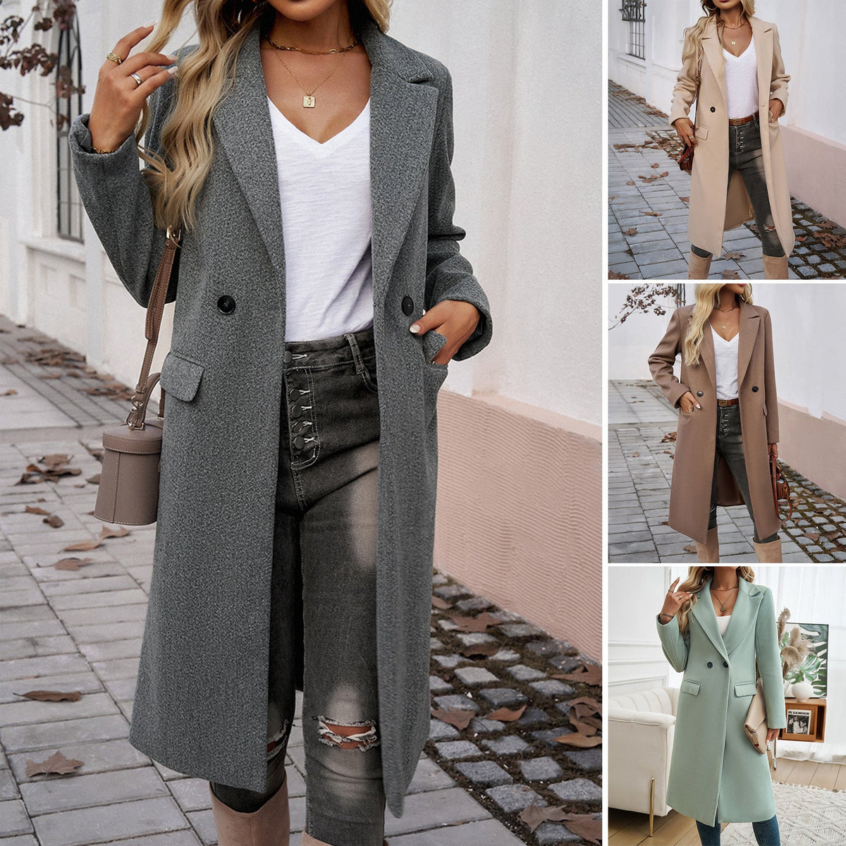 Women's Long Turn-Down Collar Coat – Elegant Commuter Jacket with Pockets