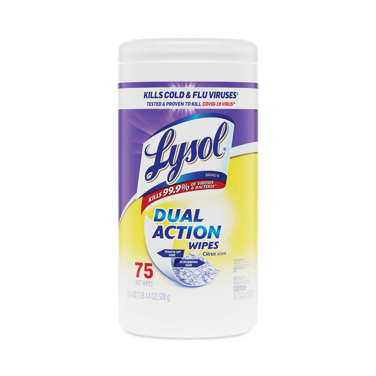 LYSOL Dual Action Disinfecting Wipes, 7 x 7.5, Citrus, White/Purple, 75/Canister