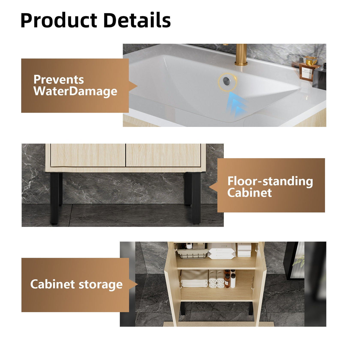 Bathroom Vanity With Ceramic Sink, Floor-Standing Design, Soft-Closing Drawers