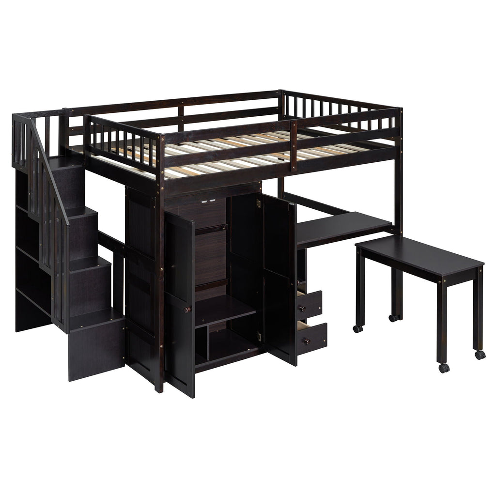 Loft Bed With Stairs, Bookshelf, Drawers, Desk & Wardrobe, Space Saving Multifunctional Furniture