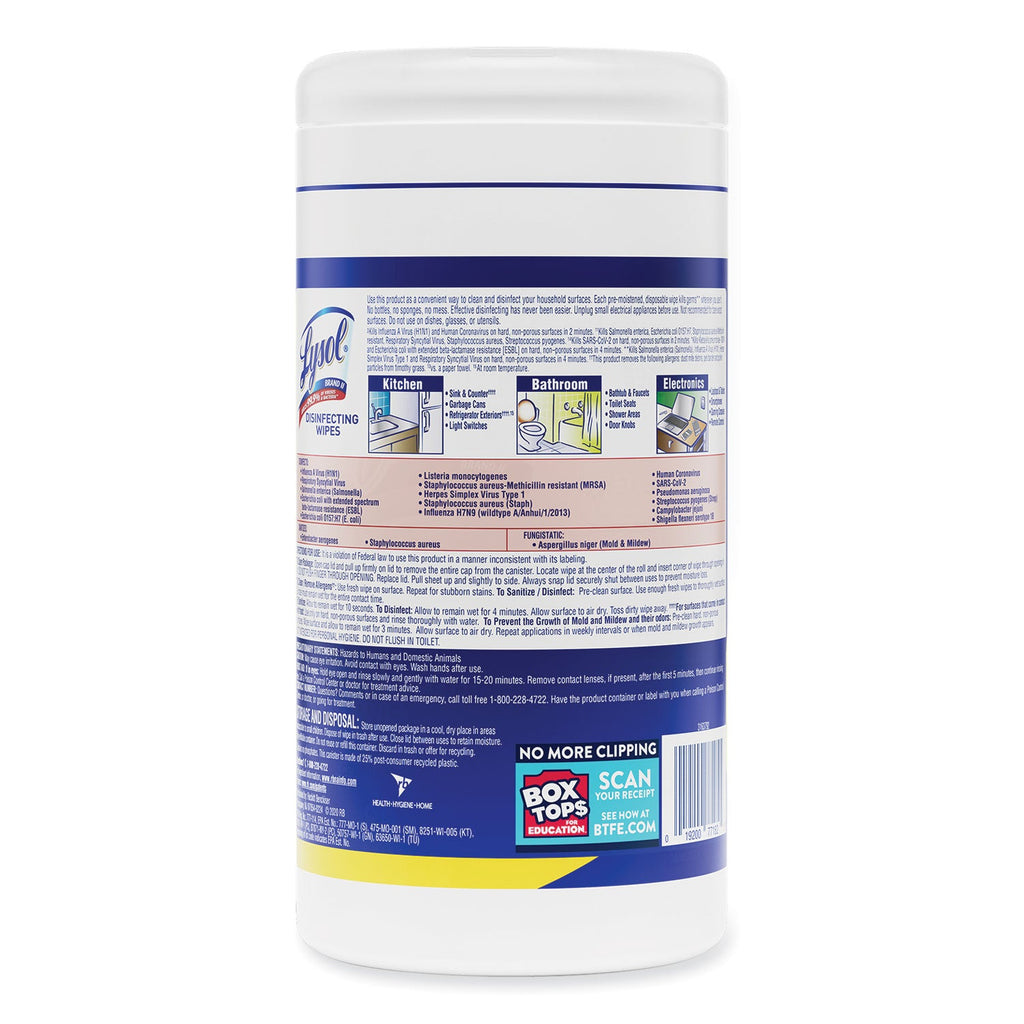 LYSOL Disinfecting Wipes, 7 x 7.25, Lemon and Lime Blossom, 80 Wipes/Canister, 6 Canisters/Carton