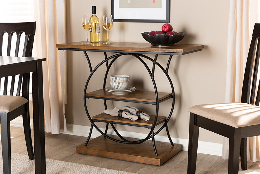 Baxton Studio Lavelle Vintage Rustic Industrial Style Walnut Brown Wood and Dark Bronze-Finished Metal Circular Console Table